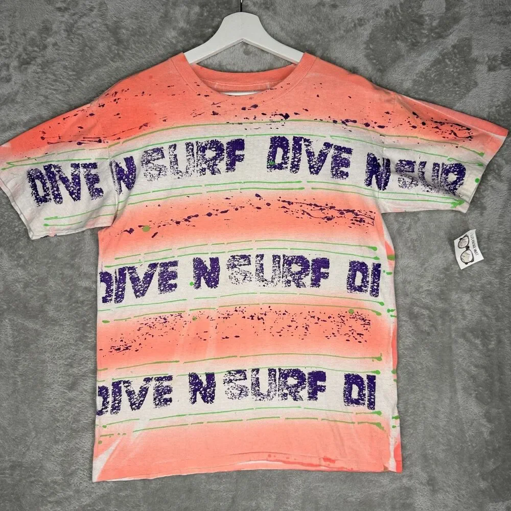 Vtg 80s Dive N Surf T Shirt Men Large OSFA All Over Print Neon Single Stitch USA